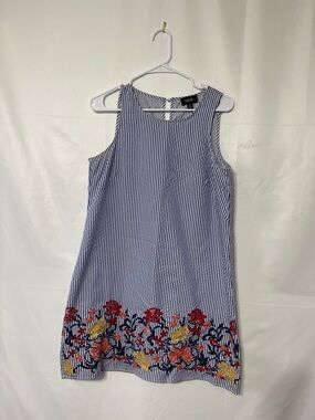 MSK Blue & White Striped Sleeveless  Dress with Multicolor Floral Embroidery
